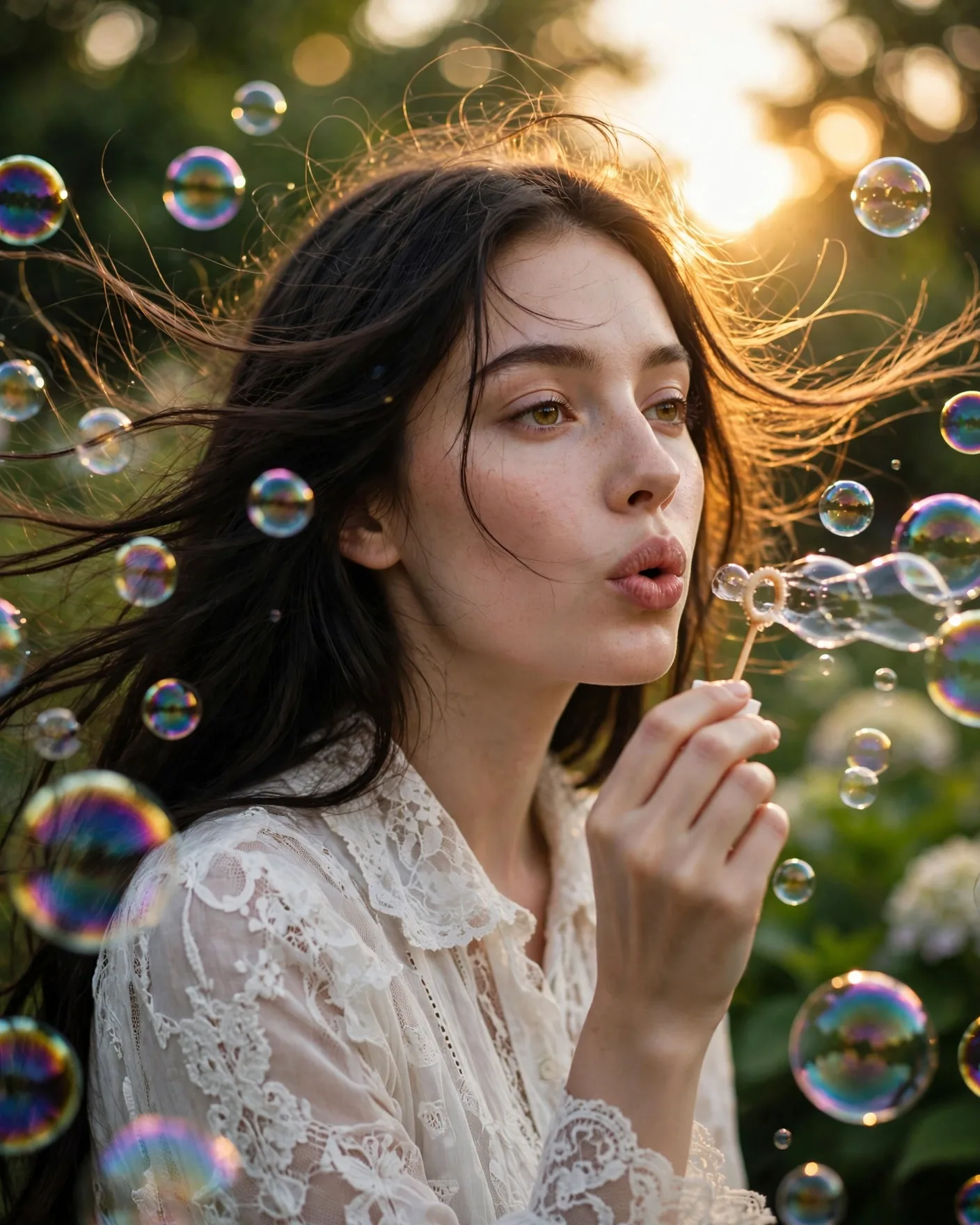 Soap Bubbles Garden Portrait Prompt — Golden Hour Bokeh (4:5)