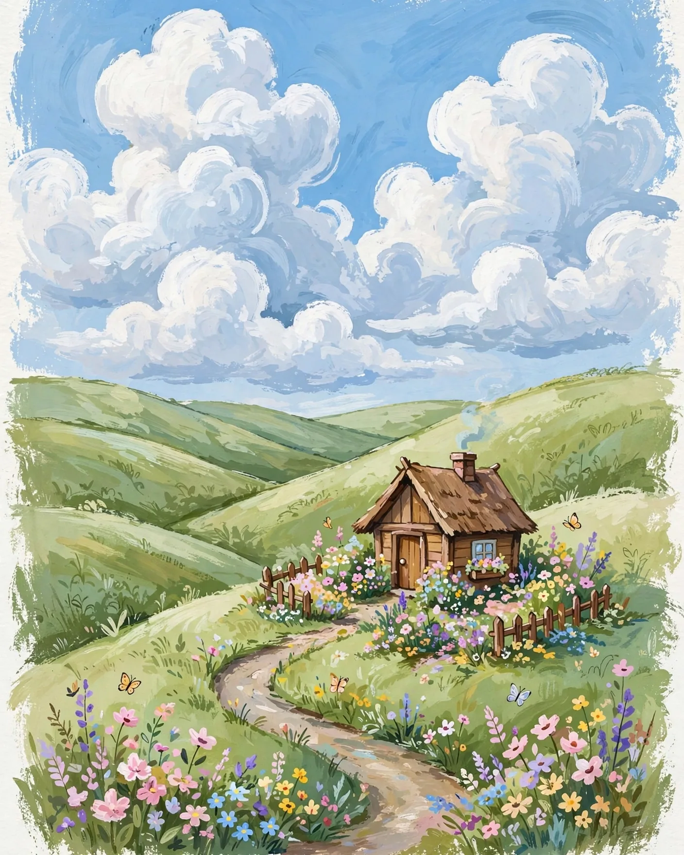 Gouache Cottage Hill Wallpaper Prompt — Whimsical Storybook Landscape