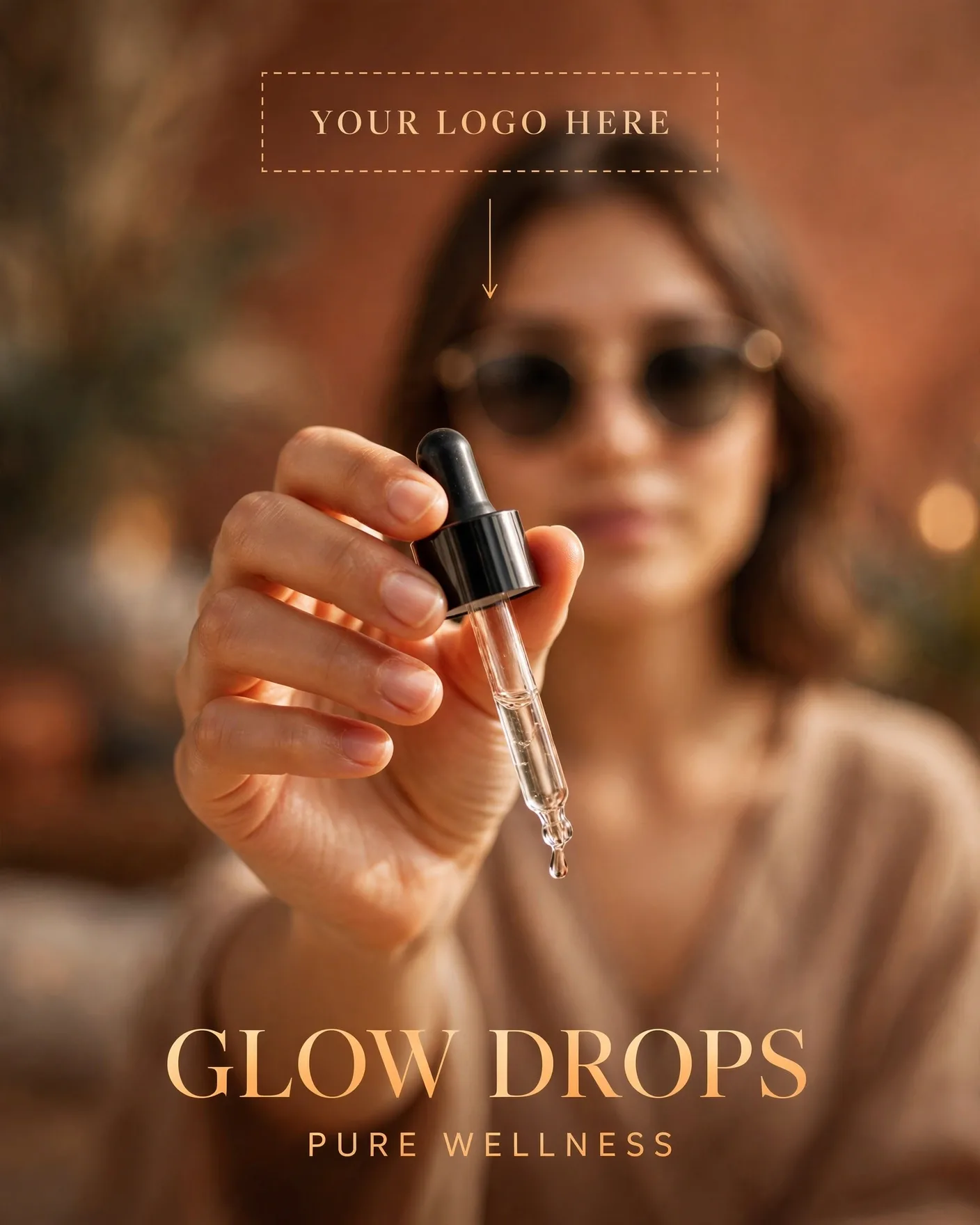 Glow Drops Wellness Serum Beauty Ad Editable AI Prompt