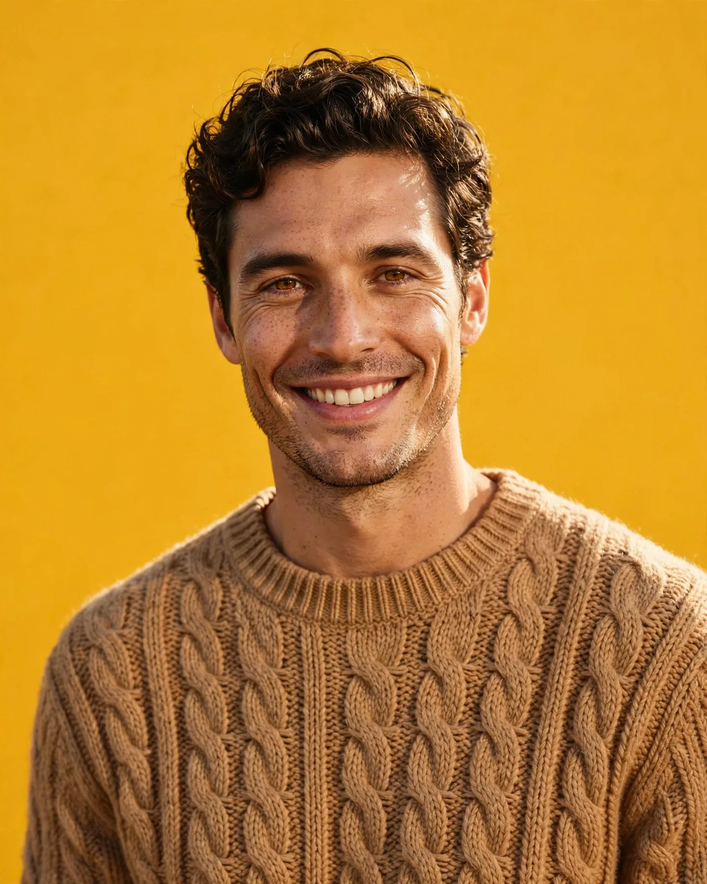 Golden Editorial Portrait Prompt — Smiling Man in Caramel Sweater