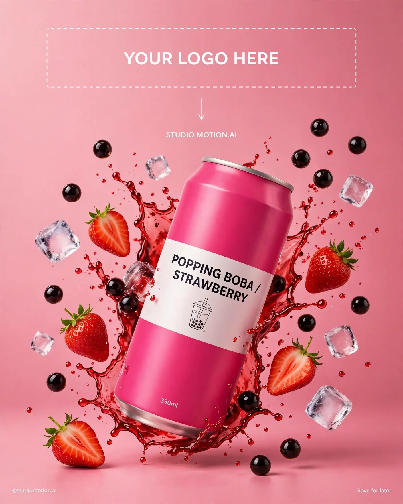 Popping Boba Strawberry Can Beverage Ad Editable AI Prompt