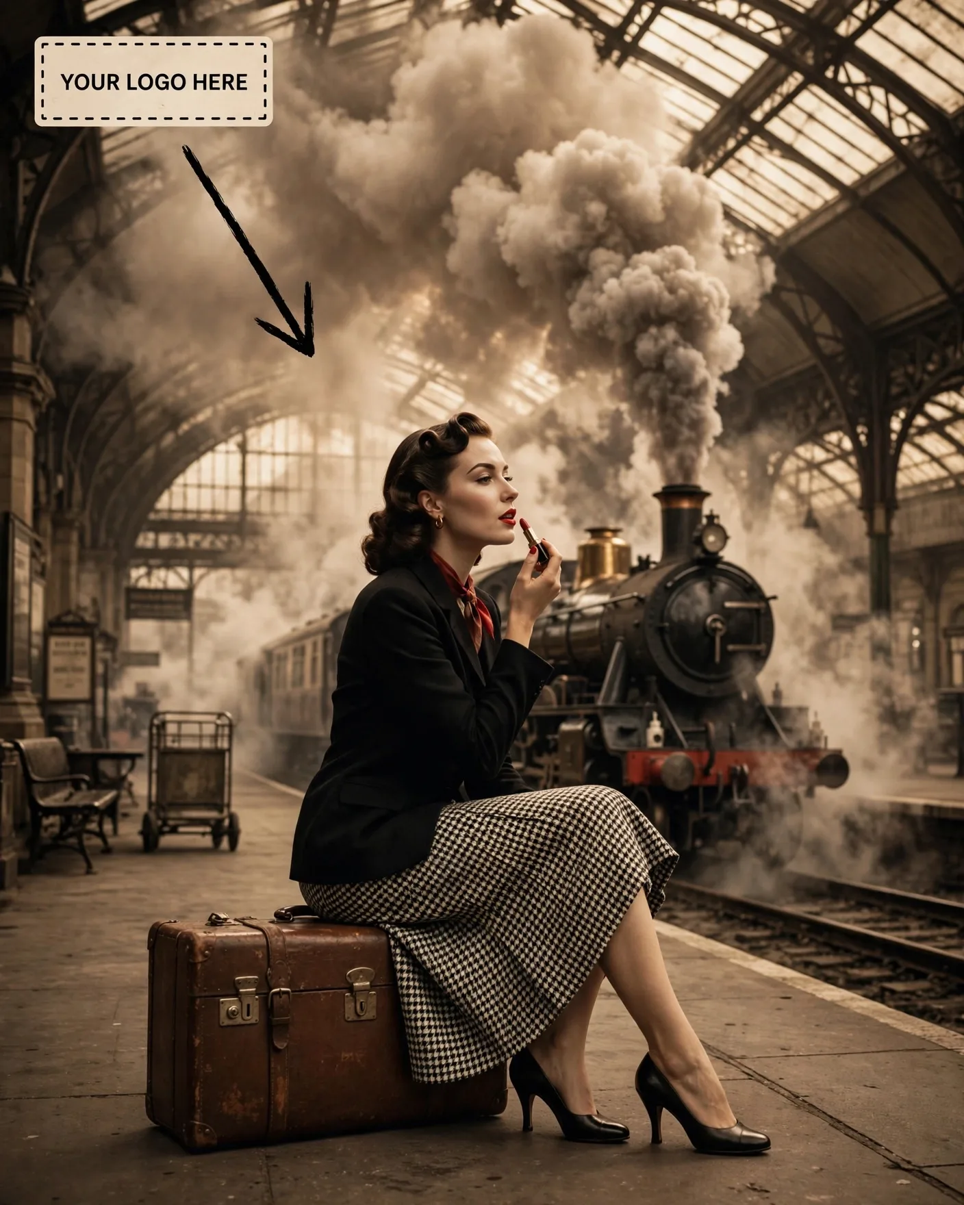 Vintage Railway Travel Glamour Fashion Editorial Editable AI Prompt