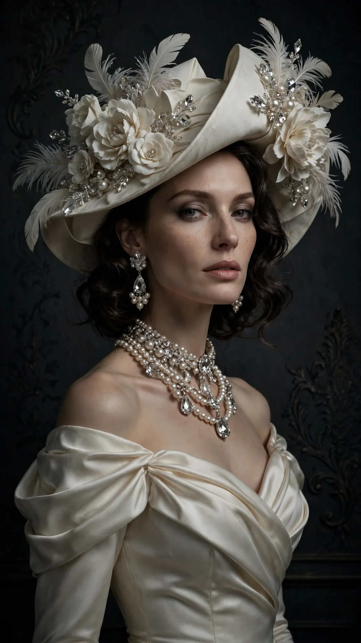 Ivory Couture Hat Editorial Prompt — High-Fashion Woman Portrait (9:16)