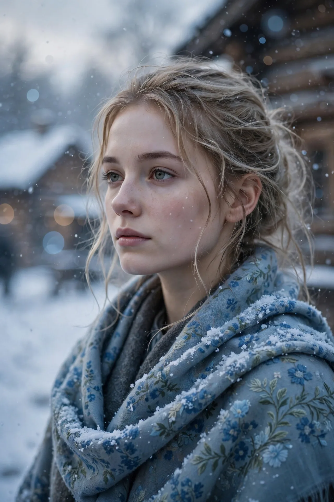 Winter Village Snow Portrait Prompt — Cinematic Bokeh Look
