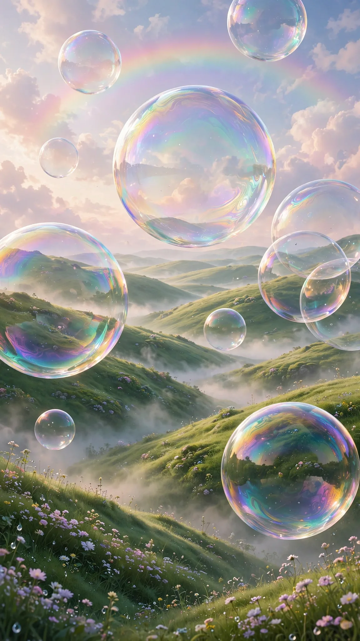 Surreal Bubble Landscape — Dreamy Sky & Rainbow