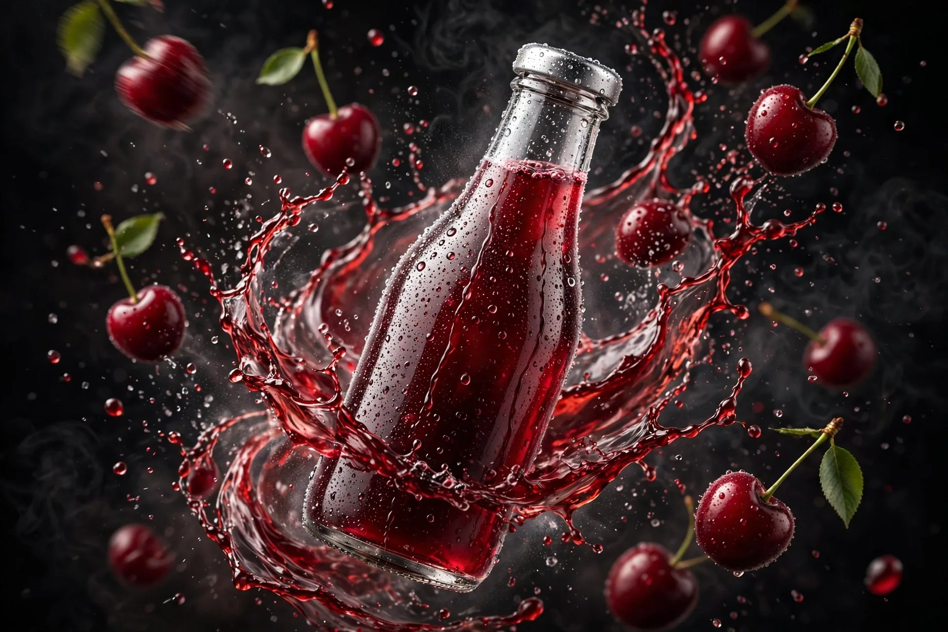 Levitating Cherry Juice Bottle Ad Prompt