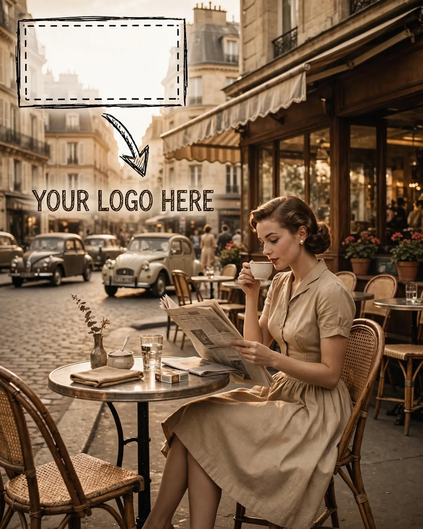 Parisian Cafe 50s Nostalgia Fashion Editorial Editable AI Prompt