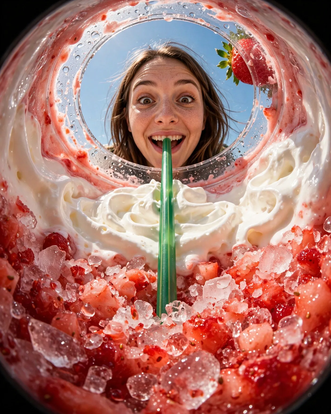 Strawberry Frappe Fisheye Ad Prompt
