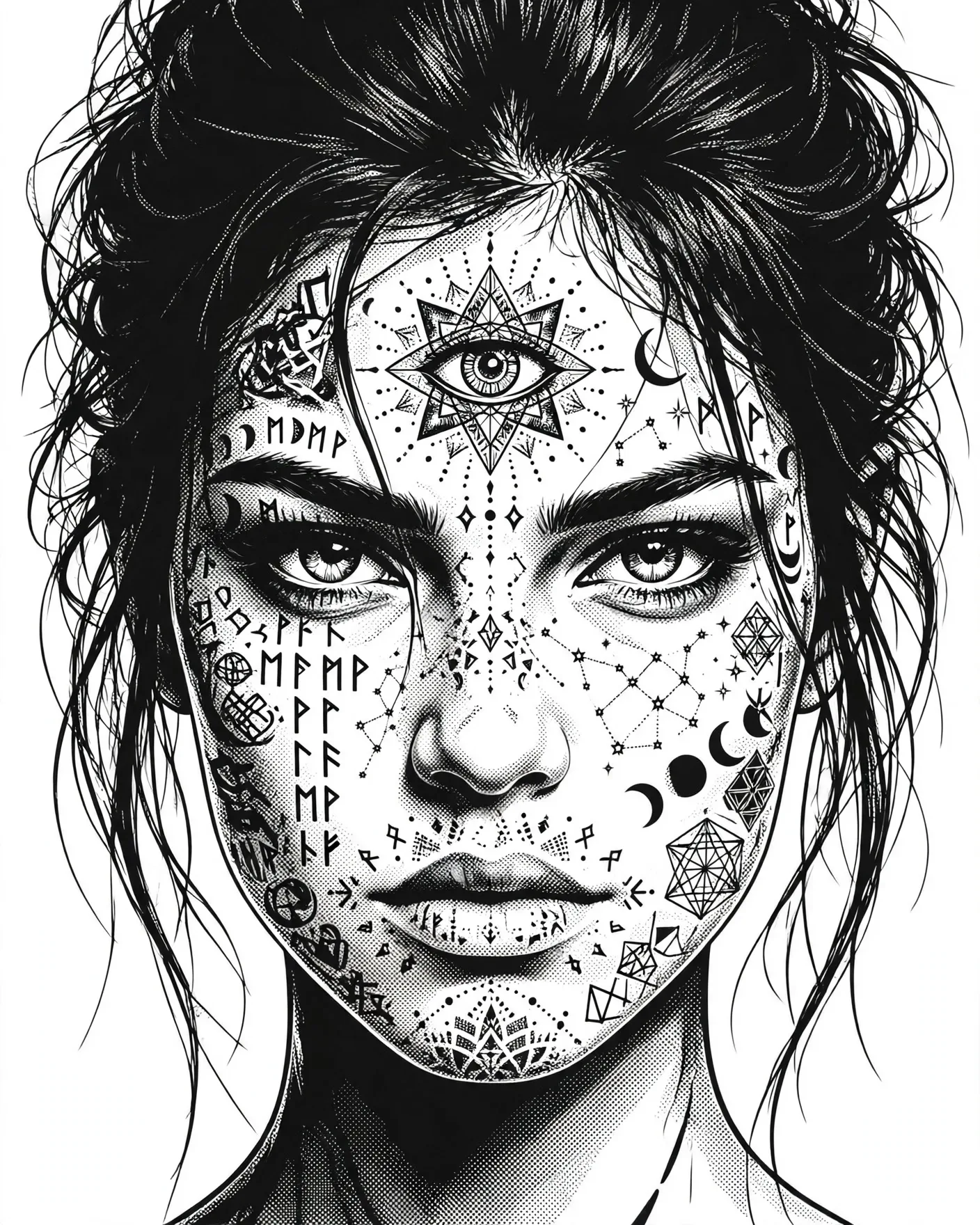 Mystical Tattoo Portrait Prompt — Black Ink Rune Art on White