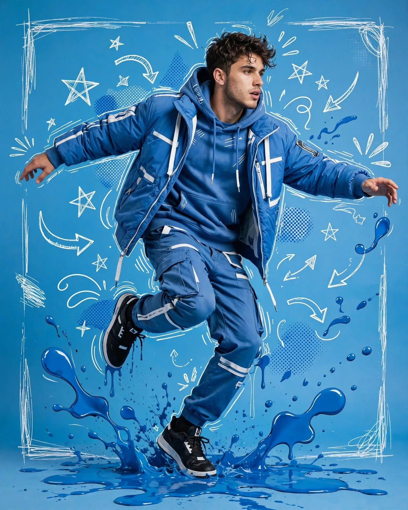 Blue Streetwear Doodle Collage Portrait Prompt — Urban Pop Art
