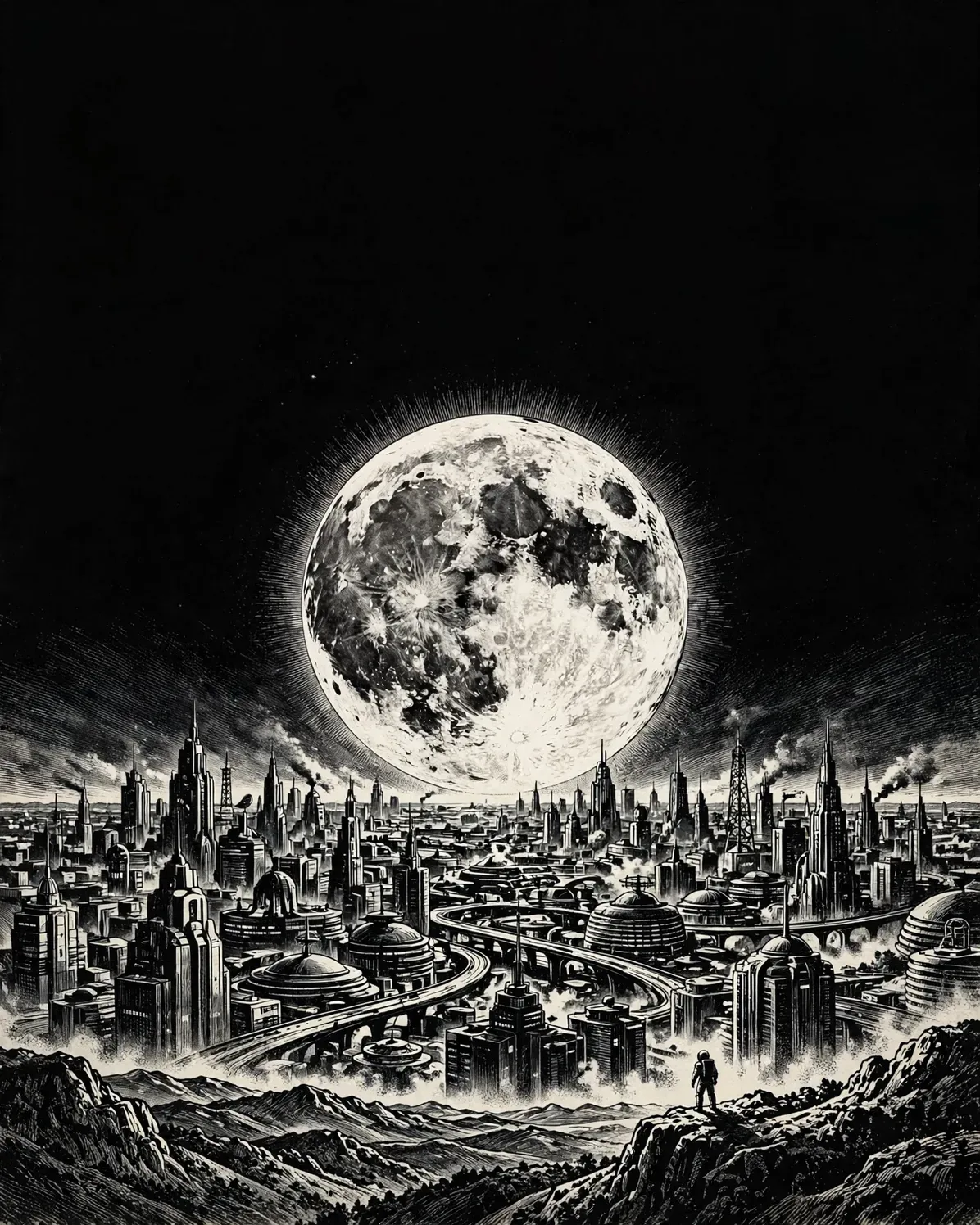 Vintage Sci-Fi Book Cover Prompt — Black & White Pulp Art (4:5)