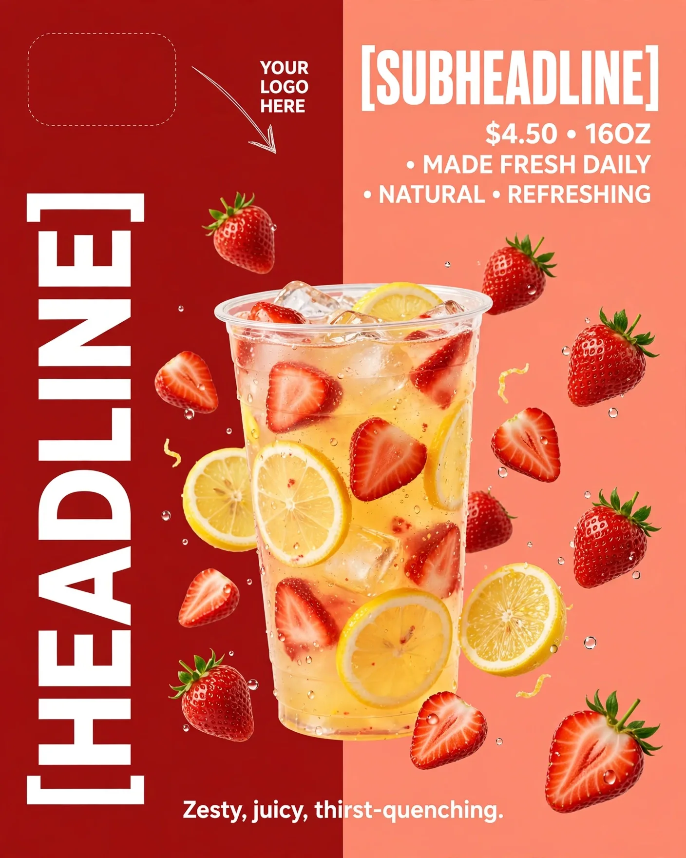 Strawberry Lemonade Drink Promo Poster Zesty Campaign Editable AI Prompt