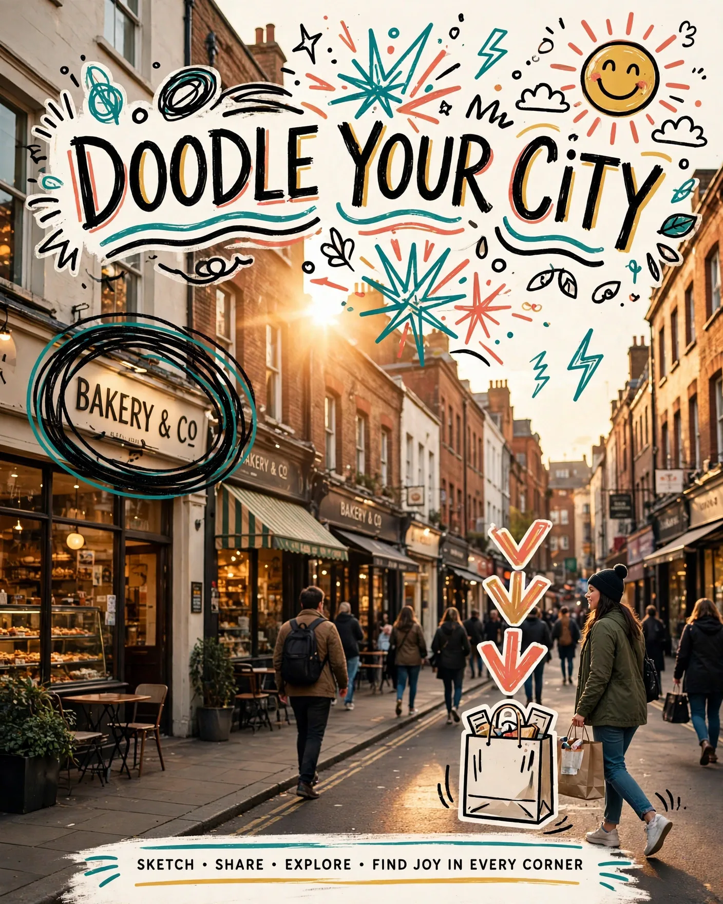 Photo x Flat-Doodle Campaign Poster Prompt — Mixed-Media City Ad