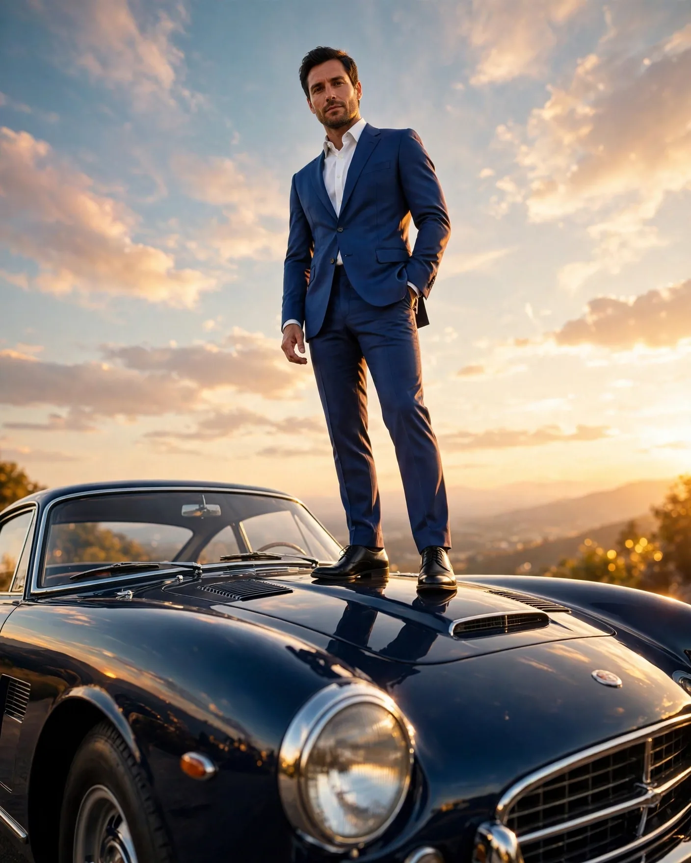 Royal-Blue Suit Vintage Sports Car Portrait Prompt — Golden Hour