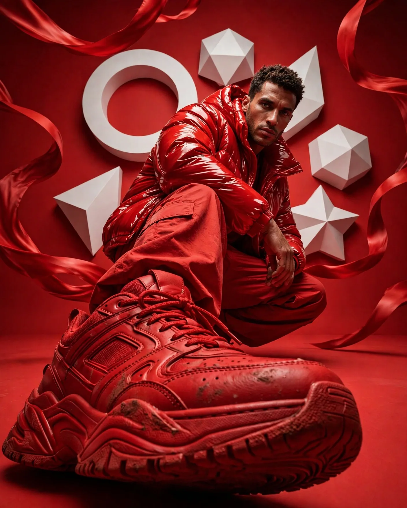 Monochrome Red Streetwear Campaign Poster Prompt
