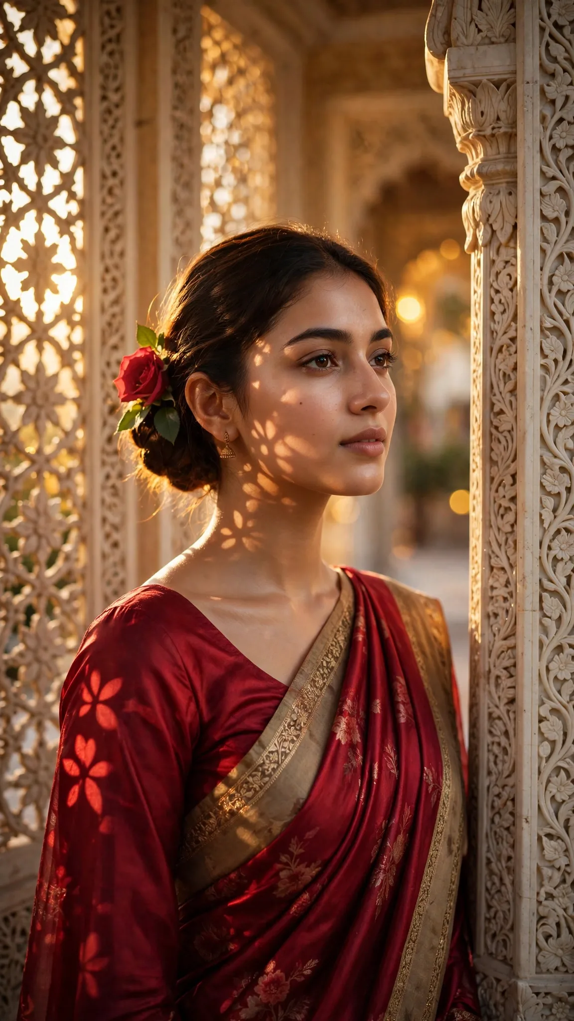 Crimson Saree Palace Portrait at Golden Hour