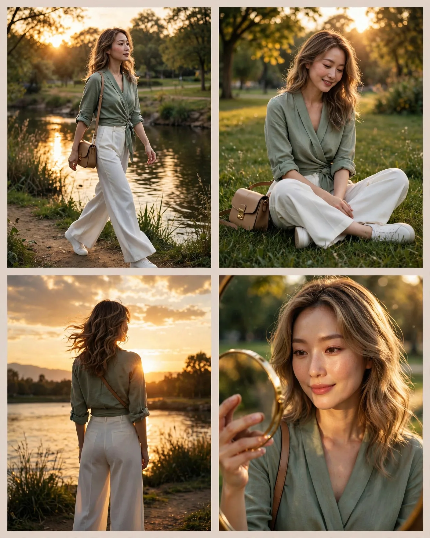Golden-Hour Park Editorial Collage Prompt — Sage Green, Four Frames